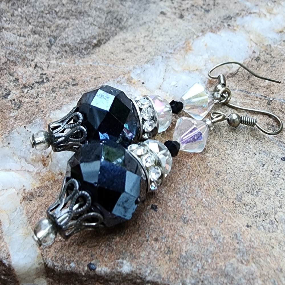 ❤️ Silver Black Crystals Faux Pearls Earrings Sparkling Boho Jewelry
